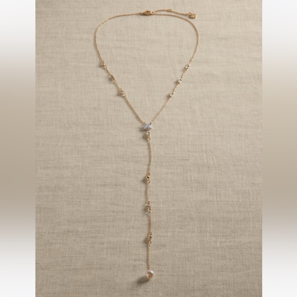 New! BANANA REPUBLIC Delicate Pearl Lariat Necklace, in Gold w/ Silver + Crystal